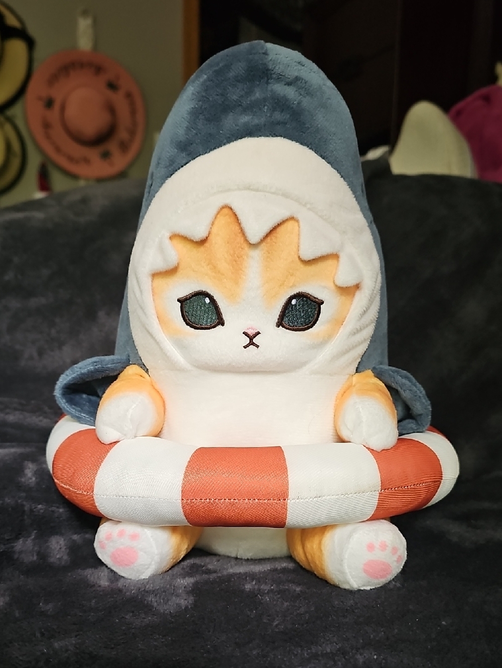 Cream & Orange Cat Plush in Blue Shark Hoodie with Orange Life Ring - Plush Toy